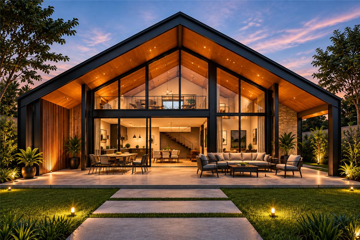 Casa moderna com fachada de vidro e jardim iluminado ao entardecer (imagem ilustrativa)