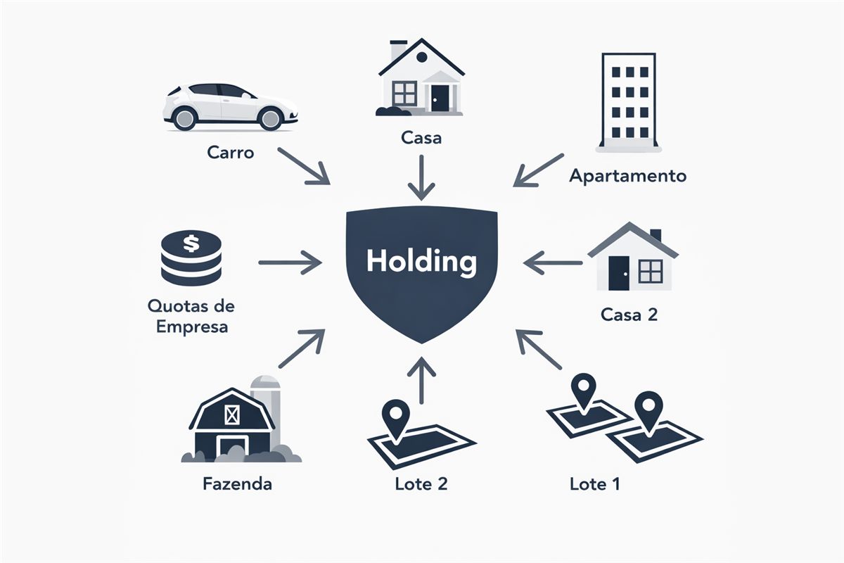 Esquema de holding patrimonial reunindo casas, apartamento, lotes, fazenda, carro e quotas de empresa
